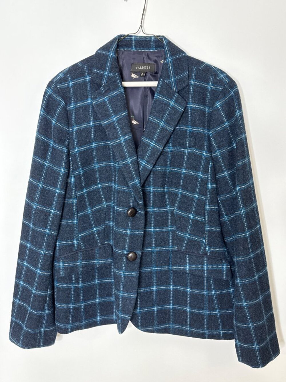 Talbots Jacket Blazer Wool Blend Windowpane Plaid Check Blue Size 16